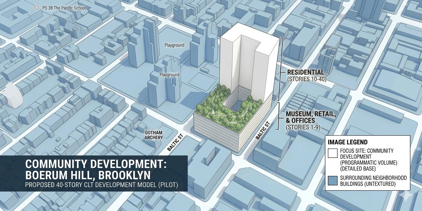 Community Development: Boerum Hill, Brooklyn. Proposed 40-story community land trust development model (pilot), with a museum, retail and offices on stories 1 to 9 and residential on stories 10 to 40