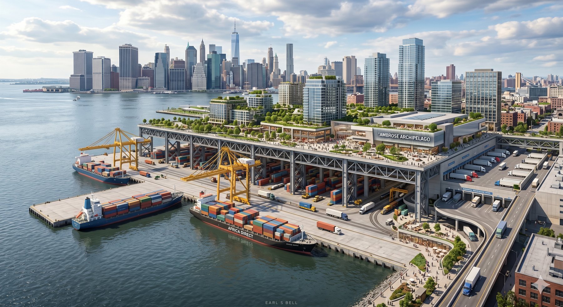 Ambrose Archipelago: a working port with container ships, cranes, and a green rooftop district above, the Manhattan skyline behind